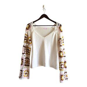 Pink Lily Crochet Sleeve V-Neck Sweater Sz M